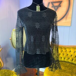 NWT Vintage 90s/Y2K In Charge Sheer Black Daisy Lace Top Size OS